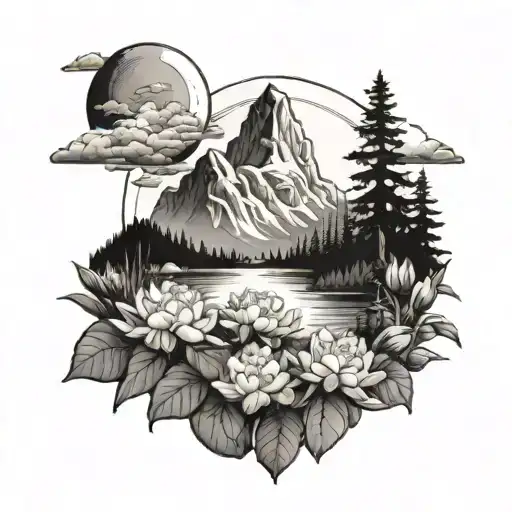 mountains, lake, sun rising and rhododendron   tattoo design idea