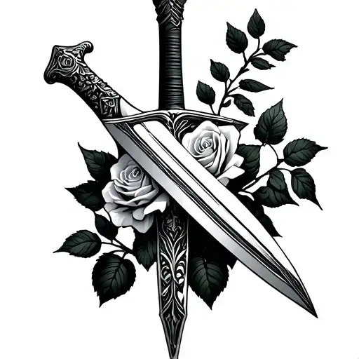 sword with a vine with fallen roses tattoo design idea