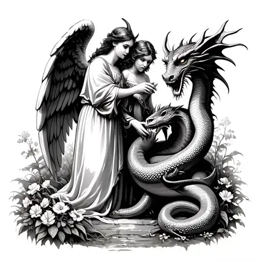 A serene garden scene with an angel and devil tending to flowers, while a snake and dragon guard the entrance tattoo design idea