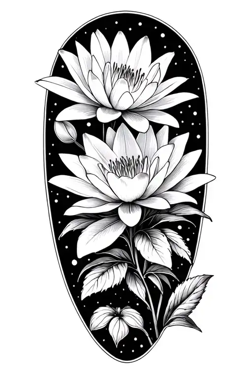 hawthorn, water lillies, lake spur and lily intertwined tattoo design idea