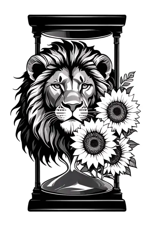 sun , lion, sunflowers, hourglass tattoo design idea