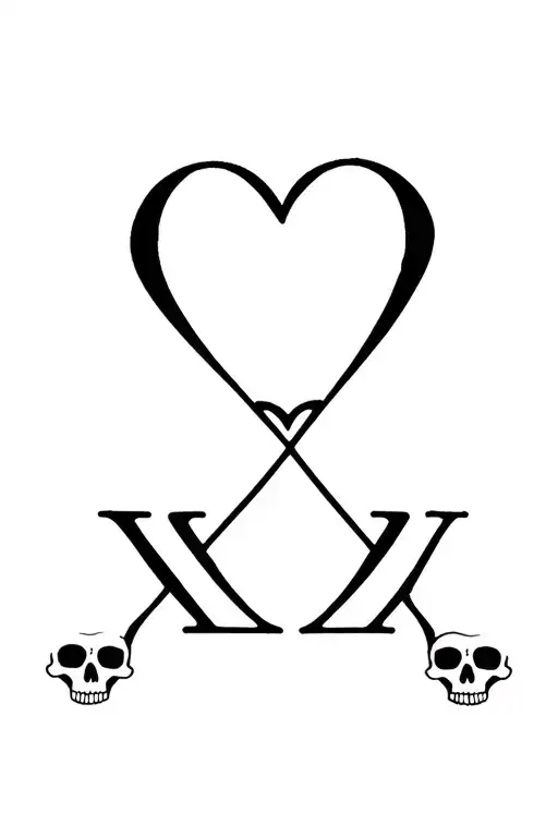 initials O. V. with hearts and skulls tattoo design idea