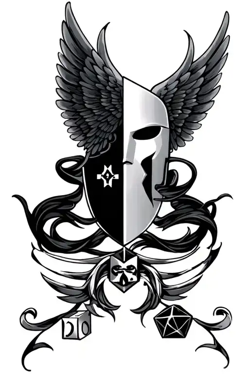 A bold, symbolic crest combining a half-mask (heroism) and a D20 (fate), surrounded by wings — one angelic, one made of  tattoo design idea
