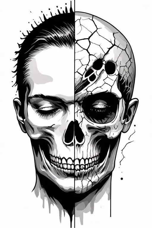 Half-Face / Half-Skull:One side of the face is streaming, eyes closed or looking away. Other side is skeletal or cracke tattoo design idea