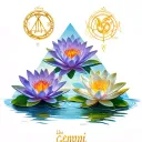 3 water lilies in a triangle formation with the Libra, Gemini and leo zodiac sign floating above each indiv. lily tattoo design idea