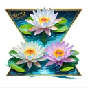 3 water lilies in a triangle formation with the Libra, Gemini and leo zodiac sign floating above each indiv. lily tattoo design idea