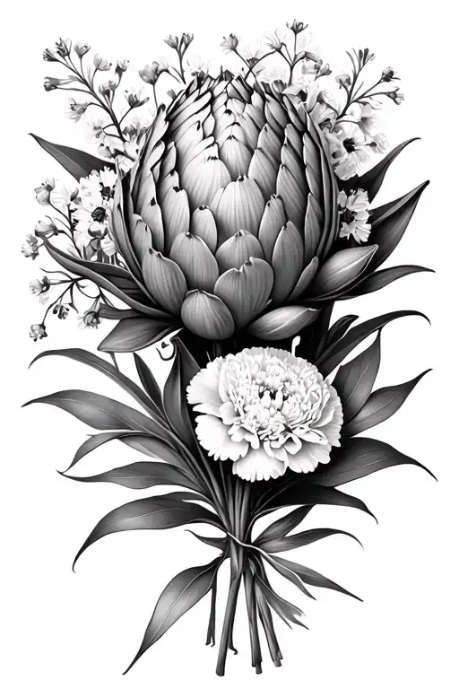 protea, carnation and gypsophila bouquet wrapped tattoo design idea