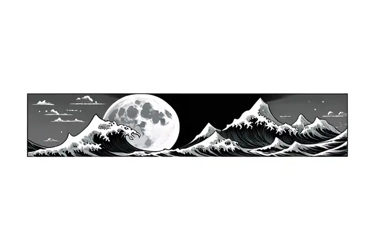 moon, mountain and wave crashing waves tattoo design idea