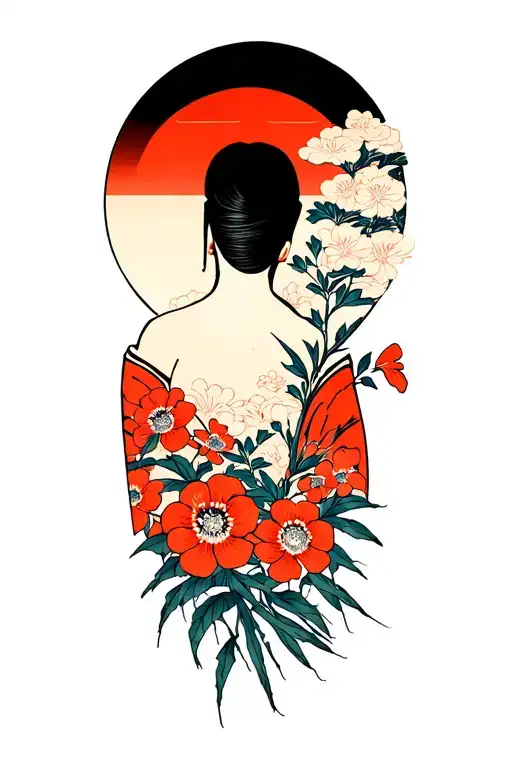 Japanese sun, Shinto shrine and flowers in a wood block print style. top center of back tattoo design idea