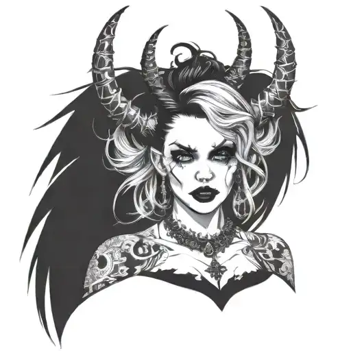 Sexy Pale Girl, petite, big boobs, wide hips, G-String. Messy hair, demonic horns, sexual. Seductive smile tattoo design idea