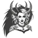 Sexy Pale Girl, petite, big boobs, wide hips, G-String. Messy hair, demonic horns, sexual. Seductive smile tattoo design idea