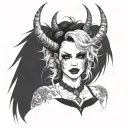 Sexy Pale Girl, petite, big boobs, wide hips, G-String. Messy hair, demonic horns, sexual. Seductive smile tattoo design idea
