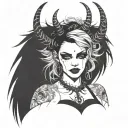 Sexy Pale Girl, petite, big boobs, wide hips, G-String. Messy hair, demonic horns, sexual. Seductive smile tattoo design idea