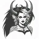 Sexy Pale Girl, petite, big boobs, wide hips, G-String. Messy hair, demonic horns, sexual. Seductive smile tattoo design idea