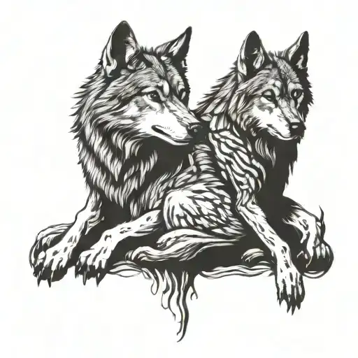 two wolves siting eatchother tattoo design idea
