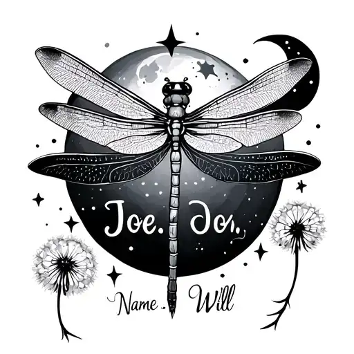 Tattoo. Dragonfly. Dandelion. Stars. Moon. Name: Joe. Name: Wil. Infinity.  tattoo design idea