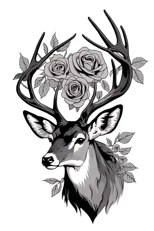 deer head and all around roses, with 4 rows space for text tattoo design idea