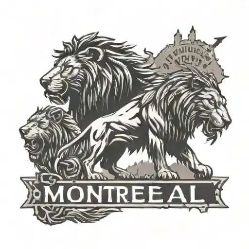 highway sign with Montreal,Tampa bay and New York as its directions with a lion and a wolf roaring  tattoo design idea