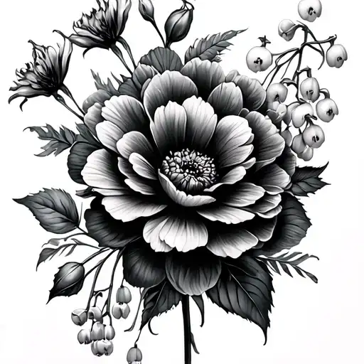 poppy, ranunculus, peony, dahlia and lily of the valley tattoo design idea