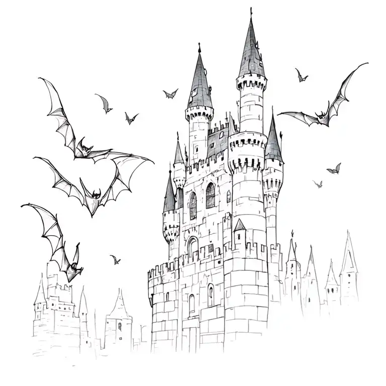bats flying from castle tower tattoo design idea