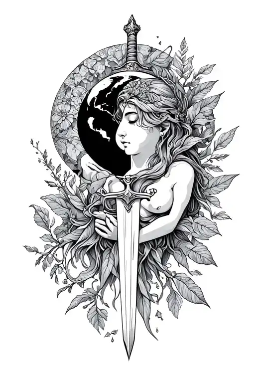 Gaia Holding Earth with nature, sword surrounded, balance of opposites, sobriety tattoo design idea