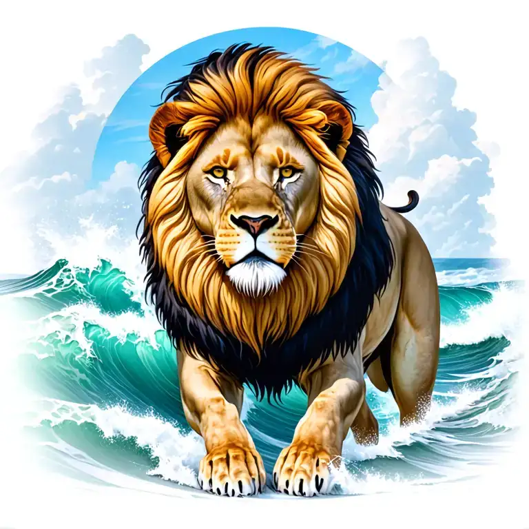 lion standing tall amidst crashing waves tattoo design idea