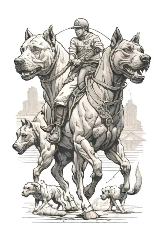a pit bull dog, a UCLA bruins bear, and an equestrian riding a horse tattoo design idea