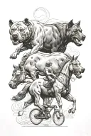 a pit bull dog, a UCLA bruins bear, and an equestrian riding a horse tattoo design idea
