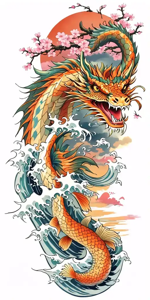 A fierce dragon emerging from the ocean waves with cherry blossom trees in the background and koi fish tattoo design idea