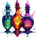 three potion bottles, different shapes colours witchcraft labels, 1 open leaking bubbles sparkles magic tattoo design idea