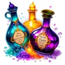 three potion bottles, different shapes colours witchcraft labels, 1 open leaking bubbles sparkles magic tattoo design idea