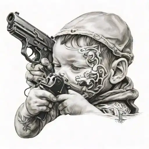 baby with gun in hand and mask on face tattoo design idea