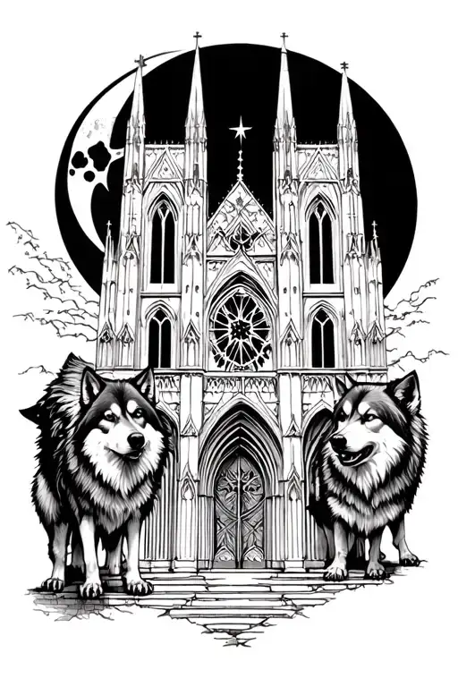 gothic cathedral and wolves howling at moon  tattoo design idea
