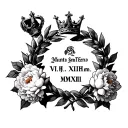 laurel wreath peonies and a crown above with a scroll with VI. XIX.MMXXII written inside  tattoo design idea