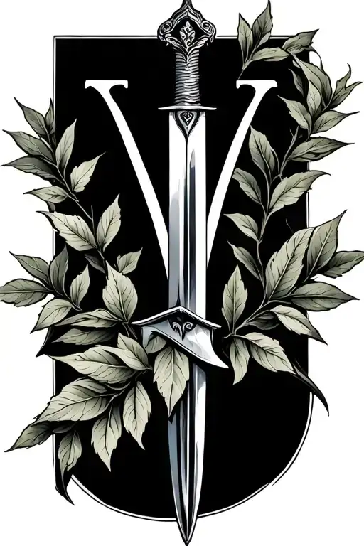 branches of bay leaf and letter V and sword tattoo design idea