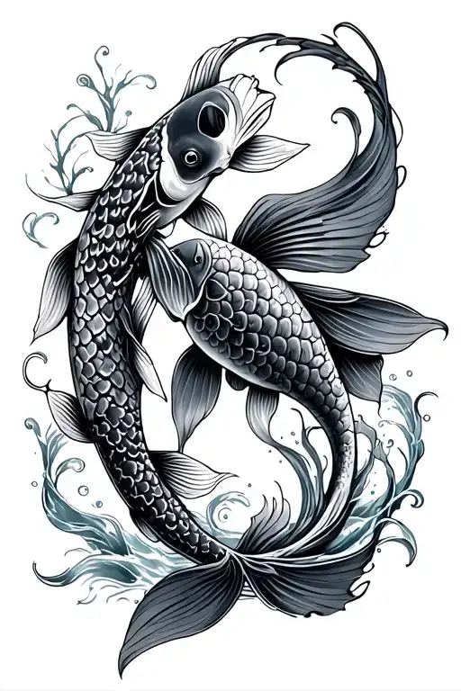 Black tattoo with two koi fish swimming at each other make park flowy and then add the Adam’s creation hands with a fine tattoo design idea