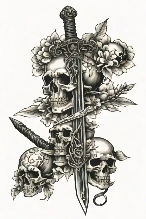 sword with cherry blossoms and 3 skulls surrounded tattoo design idea