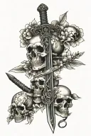 sword with cherry blossoms and 3 skulls surrounded tattoo design idea