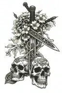 sword with cherry blossoms and 3 skulls surrounded tattoo design idea