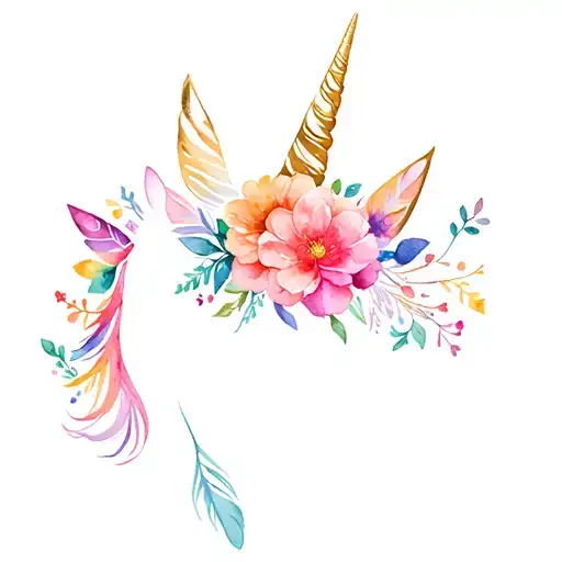 unicorns, flowers, feathers, rainbows, colorful  tattoo design idea