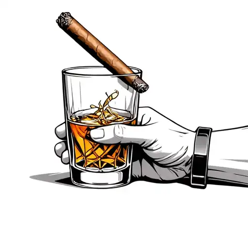a  short glass of whiskey with a cigar on the glass and a hand holding the glass  tattoo design idea