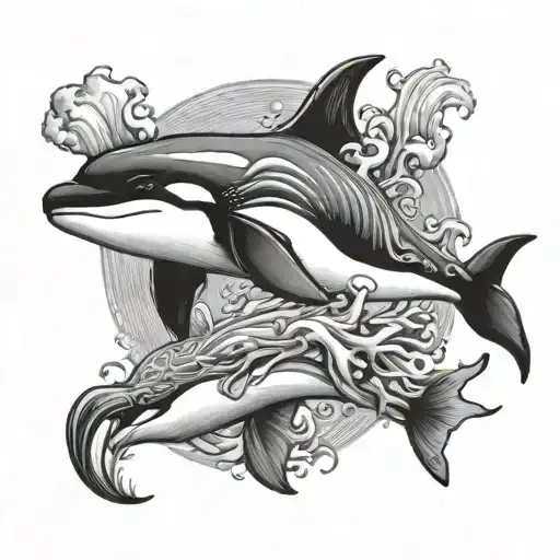 poseidon orcas swimming tattoo design idea