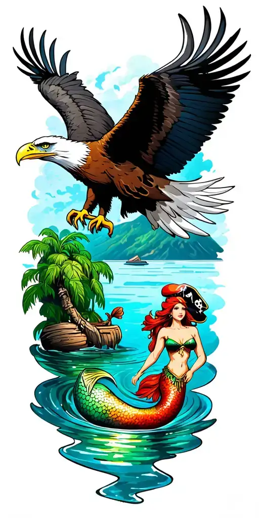 bald eagle at top of sleeve and a Peter Pan pirate lagoon around the elbow mermaids below. water scene  tattoo design idea