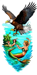 bald eagle at top of sleeve and a Peter Pan pirate lagoon around the elbow mermaids below. water scene  tattoo design idea