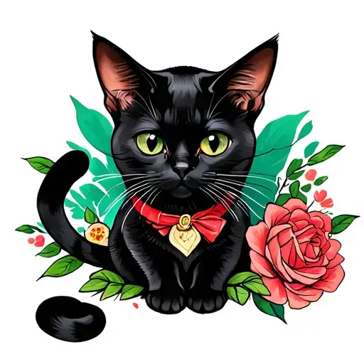 black cat sitting funny full body tattoo design idea