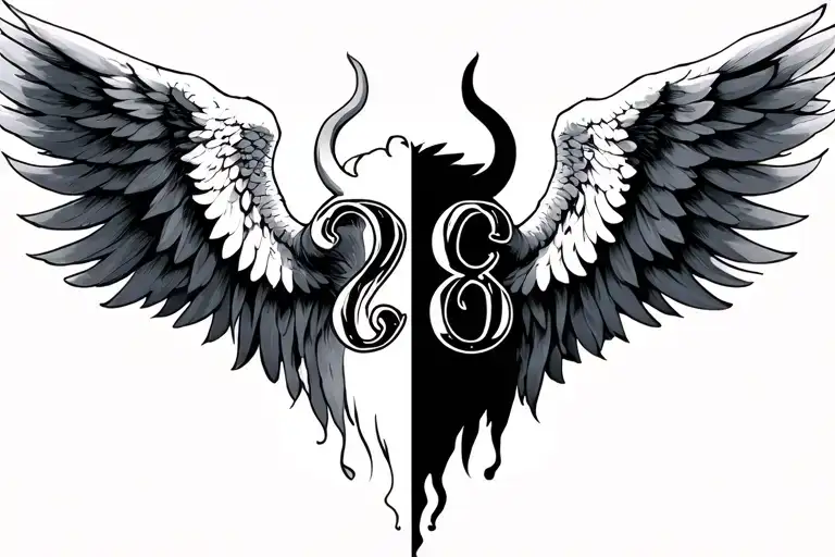 half angel half devil wings with aroman numerals 1998 with aries tattoo design idea