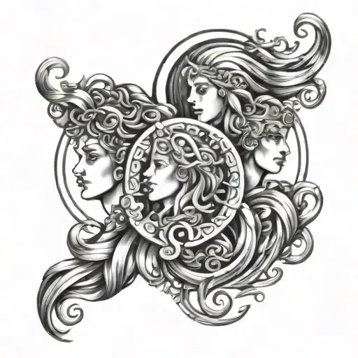 zodiac symbols aquarius, virgo, and gemini  intertwined tattoo design idea