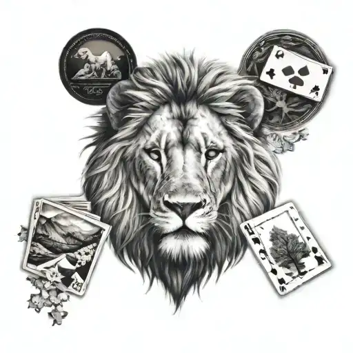 lion head with a hand of cards, trees and rockie mountains  tattoo design idea