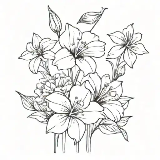 Cross-wrapped with carnation, Gladiolus, morning glory, daffodil, hawthorn, daisy flowers tattoo design idea