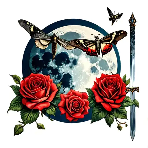 Sleep token themed tattoo. Include the bands logo, a full moon, a moth, roses, a sword tattoo design idea